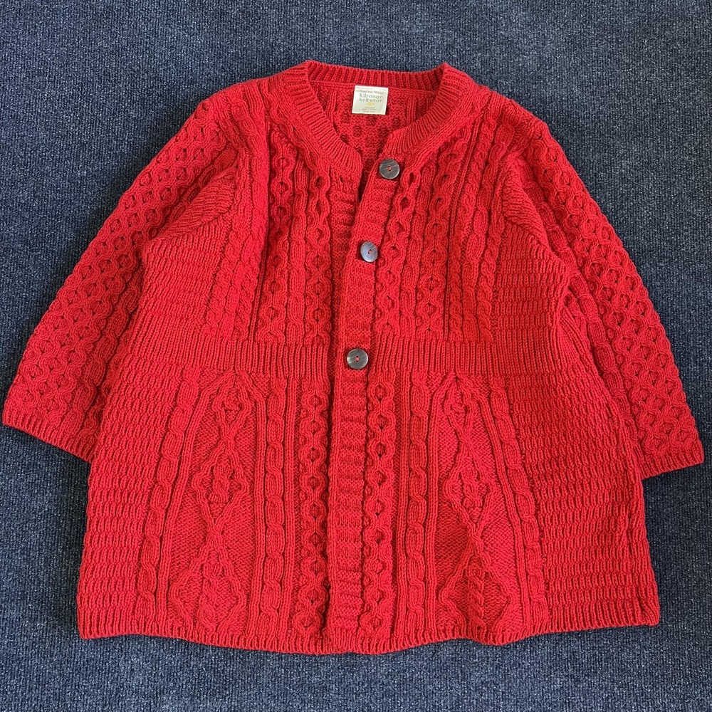 Kilronan Knitwear Sweater Womens XL Red Cable Knit Button Cardigan Merino Wool